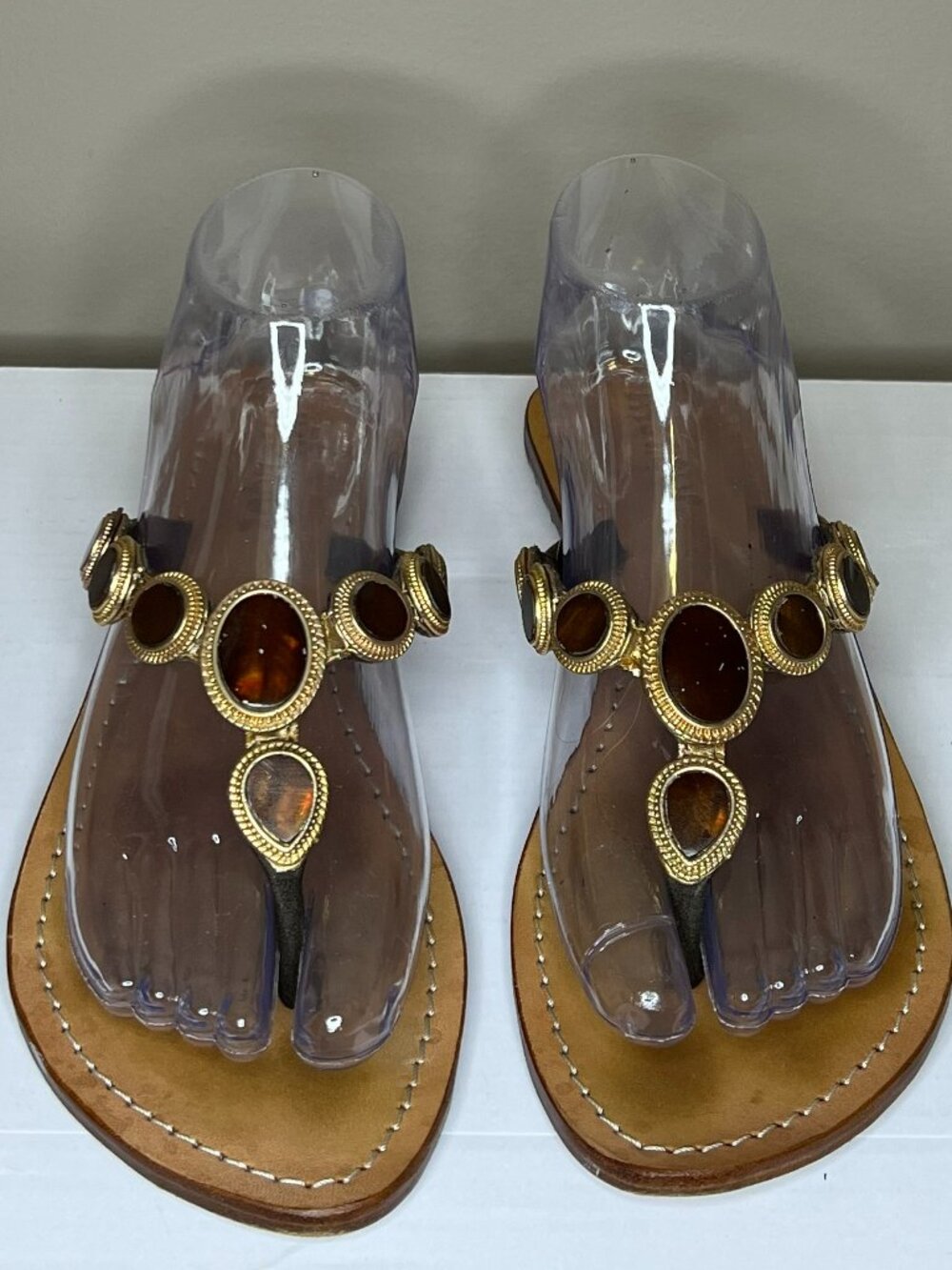 Mystique Leather Jeweled Thong Sandals Gold & Amber Gem Embellished Women's 7